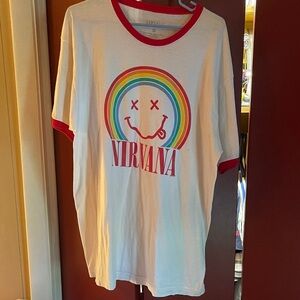 NIRVANA Men’s White Tee with Rainbow and Red Trim
